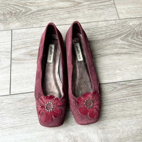 Studio Hype Shoes - Studio Hype  Red Suede Leather Calf Hair Square Toe Flats